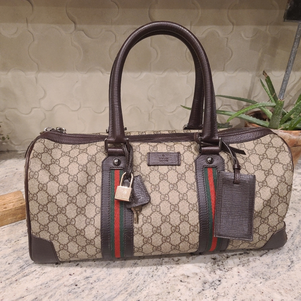 Gucci Beige and Brown Handbag with Red and Green Stripes